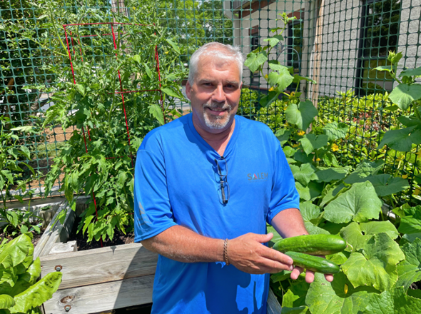 Man holding cucumbers in a garden.